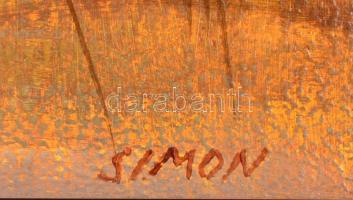 Simon János (1945-): Folyópart. Olaj, farost, jelzett, keretben, 30×60 cm
