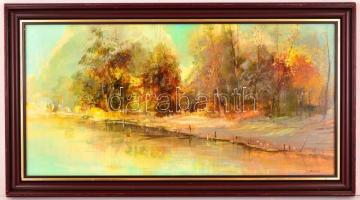 Simon János (1945-): Folyópart. Olaj, farost, jelzett, keretben, 30×60 cm