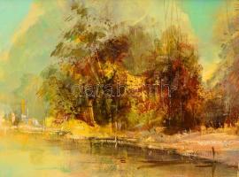 Simon János (1945-): Folyópart. Olaj, farost, jelzett, keretben, 30×60 cm