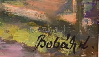 Bobák László (1950-): Faluvég tavasszal. Olaj, farost, jelzett, keretben, 44×62 cm