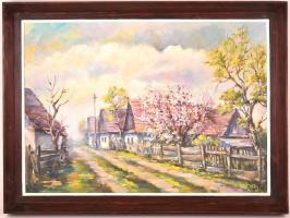 Bobák László (1950-): Faluvég tavasszal. Olaj, farost, jelzett, keretben, 44×62 cm