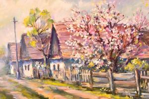 Bobák László (1950-): Faluvég tavasszal. Olaj, farost, jelzett, keretben, 44×62 cm