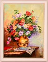 Simon Béla (1957-): Őszirózsák. Olaj, farost, jelzett, keretben, 60×45