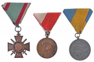 1898. Jubileumi Emlékérem Fegyveres Erő Számára Br kitüntetés a polgári alkalmazottak mellszalagjával T:2 szalag javított + 1941. Délvidéki Emlékérem cink emlékérem mellszalaggal. Szign.: BERÁN L. + 1942. Tűzkereszt II. fokozata oxidált hadifém kitüntetés modern mellszalaggal T:2 Hungary 1898. Commemorative Jubilee Medal for the Armed Forces Br decoration with the ribbon for civil state officials + Hungary 1941. Commemorative Medal for the Return of Southern Hungary zinc medal ribbon + 1942. Fire Cross, 2nd Class war metal decoration with modern ribbon C:XF NMK 249., 429., 447.
