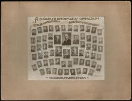 1926 Budapest, Református Gimnázium tanárai és végzett növendékei, kistabló nevesített portrékkal, 16x19 cm, karton (kicsit sérült) 25x33 cm