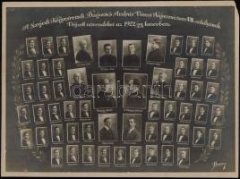 1923 Szeged, Dugonics András Városi Főgimnázium tanárai és végzett növendékei, kistabló nevesített portrékkal, 27x37,5 cm, karton (sarka hiányos) 28,5x39 cm