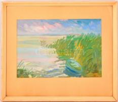 Igmándy-Schranz Emil (1906-1987): A túlsó parton még esik. Gouache, papír, jelzett, üvegezett keretb...