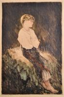 Prihoda István (1891-1956): Üldögélő lány. Színezett rézkarc, papír, jelzett, foltos, 47×31 cm
