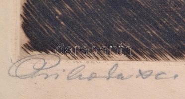 Prihoda István (1891-1956): Üldögélő lány. Színezett rézkarc, papír, jelzett, foltos, 47×31 cm