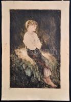 Prihoda István (1891-1956): Üldögélő lány. Színezett rézkarc, papír, jelzett, foltos, 47×31 cm