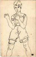 Lady in underwear. Zeichnung, Lichtdruck v. Max Jaffé. Verlag der Buchhandlung Richard Lányi s: Egon Schiele (tears)