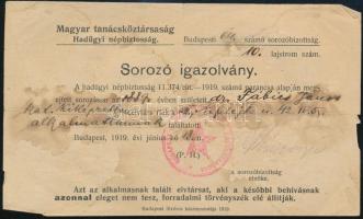 1919 Bp., tanácsköztársasági sorozó igazolvány katonai szolgálatra alkalmatlannak talált személy részére