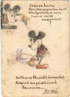 1931 Mickey és Minnie Mouse. Saját kézzel rajzolt művészlap / Mickey and Minnie Mouse. Hungarian hand-drawn Disney art postcard s: Gyuszi (EK)