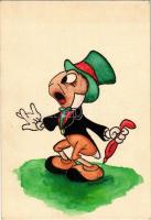 1941 Pinokkió - Tücsök Tihamér. Saját kézzel rajzolt művészlap / Pinocchio - Jiminy Cricket. Hungarian hand-drawn Disney art postcard s: Lőrinczy László Cincicolor