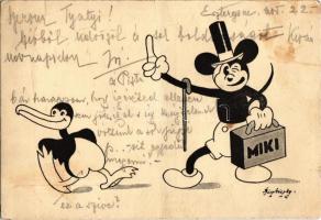 Miki. Bi-Kra Miki / Mickey Mouse with duck. Early Disney art postcard s: Bisztriczky (fa)