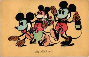 1931 Így élünk mi / Mickey Mouse with a bottle of champagne. Early Disney art postcard