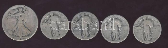 USA 1910-20-as évek 1/4$ Ag "Liberty" (4x) + 1/2$ Ag "Liberty" (1x) T:3,3/4 ly.