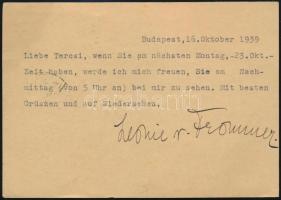 1939 özvegy Frommer Rudolfné gépelt, aláírt levelezőlapja ismerősének, német nyelven