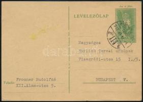 1939 özvegy Frommer Rudolfné gépelt, aláírt levelezőlapja ismerősének, német nyelven