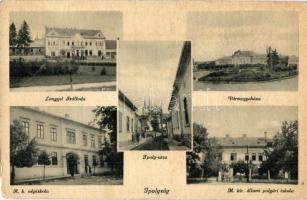 Ipolyság, Sahy; Lengyel szálloda, Ipoly utca, Vármegyeháza, Római katolikus iskola, M. kir. állami polgári iskola. Kiadja Pivarcs Anna / hotel, street view, county hall, Catholic school, state school (EB)