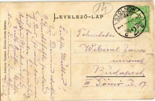 1912 Szolnok, Vasútállomás, vonatszerelvények a vágányokon. Özv. Lőrinczy Gyuláné Állomás Tőzsde kia...