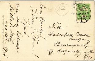 1914 Szolnok, Vasútállomás, vonatszerelvények és gőzmozdony a vágányokon. Gettler József hírlap előf...