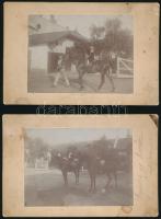 cca 1900 Gyuszi és Oscar Kassán, 2 db lovas fotó, kartonra ragasztva, hátuljukon feliratozva, 11×16,5 cm