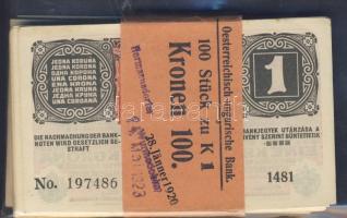 1916. 1K fekete "Deutschösterreich" fny-sal 100db! eredeti, kétnyelvű bankszalaggal, benne szám és betű elcsúszások, stb. nagyon sok egymásutáni sorszámmal (többsége) T:I