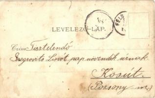 1899 Felsőszeli, Felső-Szeli, Horné Saliby; tér, Római katolikus templom, férfi kerékpárral. Kiadja ...