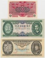 6db-os vegyes magyar korona, pengő és forint bankjegy tétel, közte 1916. 1K zöld, vízszintes "DEUTSCHÖSTERREICH" felülbélyegzéssel T:I--II-