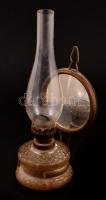 Üveg, tükrös petróleumlámpa, búrával, m: 39 cm