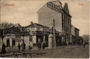 1916 Szolnok, Fő tér, Népbank és takarékpénztár rt., Gettler Bank és Váltóüzlet, osztálysorsjáték, Scheiber és Tamás üzlete, ingatlanközvetítés (EK)