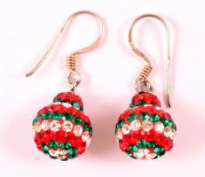 Prios-fehér-zöld strasszokkal díszített gömb alakú fülbevalópár ezüst(Ag) szerelékkel, jelzett