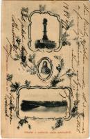 1912 Szolnok, Részlet a szolnoki csata színteréről, Damjanich, 1849-es emlékoszlop; virágos képeslap. Ragács felvétele / floral (EK)