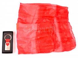 Piros kézzel készített selyem sál, sérüléssel + szíves kucsltartó