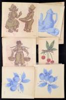 Schönfeld Vilmosné (?-?): Festősablon minták, 11 db. Akvarell, papír, jelzett, különböző méretekben