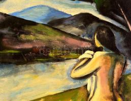 Tihanyi jelzéssel: Aktok a vízparton. Olaj, vászon-farost, 67×80 cm