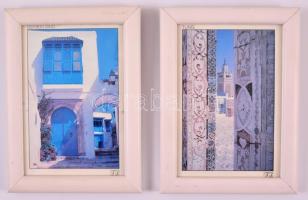 Tunis és Sidi Bou Said képeslapok üvegezett fa keretben, 9×14 cm