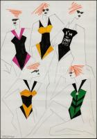 Parádi Gabriella (1970-): Divatrajzok, 3 db. Vegyes technika, papír, jelzett 42×60 cm