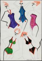 Parádi Gabriella (1970-): Divatrajzok, 3 db. Vegyes technika, papír, jelzett 42×60 cm