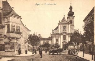 Győr, Erzsébet tér, könyvesbolt, üzletek, nyomda, hirdetőtábla, templom, szekér