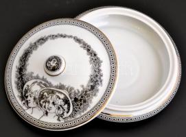 Hollóházi Jurcsák László által tervezett mintával díszített porcelán bonbonier, matricás, jelzett, h...