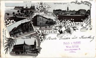 Keszthely, Balaton fürdő, Gróf Festetics palota, kastély, M. kir. gazdasági tanintézet, Városháza, Főgimnázium. Vasvári József kiadása, floral Art Nouveau litho (r)