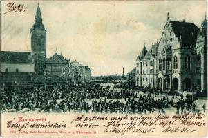 1899 Kecskemét, Fő tér piaccal, templom, városháza, Gyenes S. és fiai üzlete (Rb)