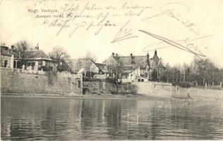 1910 Verőce, Nógrádverőce; Dunaparti rész, villa. Kiadja Zoller József 253. sz. + Budapest-Galánta-Oderberg 362. vonat pecsét