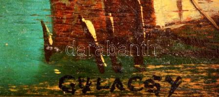 Gulácsy jelzéssel: Híd alatt és felett. Olaj, falemez, keretben,  9×13 cm