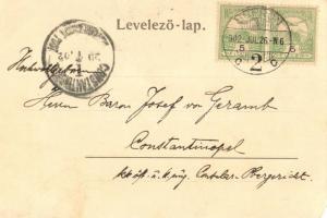 1902 Sopron, Oedenburg; Kossuth út, feldíszített villamos magyar címerrel, Varga és Dukász üzlete, v...