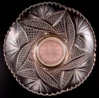 Ezüst (Ag.) talpas ólomkristály kínáló, peremen apró csorbákkal, jelzett, súlyozott, m: 13 cm, d:16,...