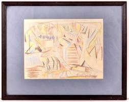 Gadó jelzéssel: Kompozíció. Vegyes technika, papír, üvegezett keretben, 17,5×22,5 cm