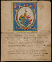 1848 A nemes Sághy család kézzel rajzolt címere az 1631-es címeres levélről. Lerajzolta és hitelesítette nemes Saaghy György ügyvéd. Szakadt, ragasztott. 30x34 cm
